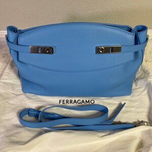 Ferragamo Large Hug Soft Crossbody Bag in Azur (bright blue), silver hardware